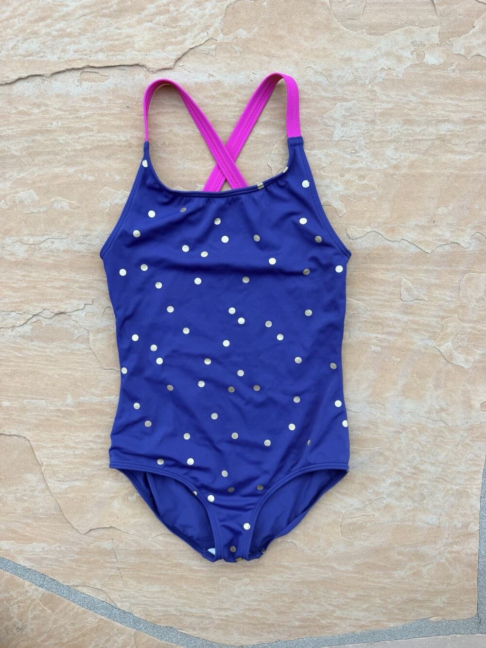 Mini Boden Girls Navy Pink Polka Dot Swimsuit Size 9-10